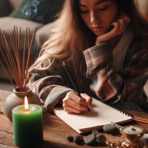 chica escribiendo deseos en cuaderno durante un ritual