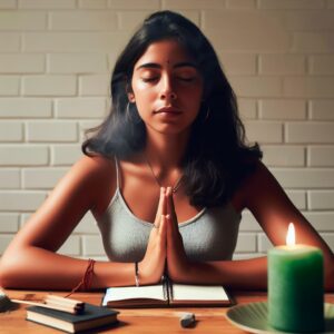 chica meditando durante el ritual primer domingo mes